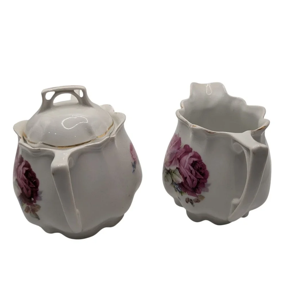 Vintage Cream and Lidded Sugar Set Floral Rose Scalloped Germany Mid Century SEE